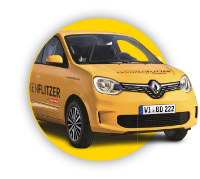 gelber, mit Frankenflitzer-Schriftzug beklebter Renault Twingo